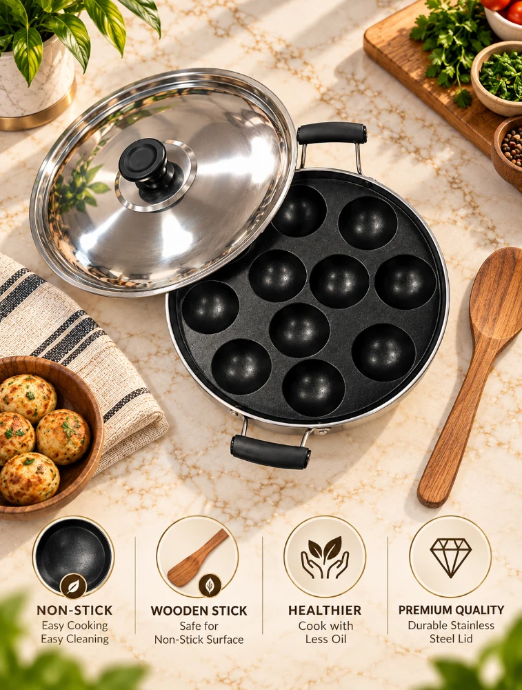 Red Kitchen Chef Non Stick Paniyarakkal Pan With Steel Lid