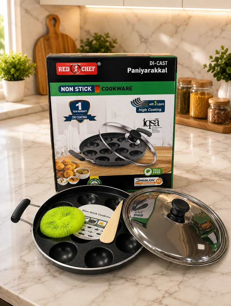 Red Kitchen Chef Non Stick Paniyarakkal Pan With Steel Lid
