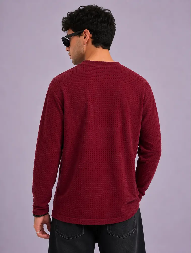 Red Mens Popcorn Round Neck Full Sleeve