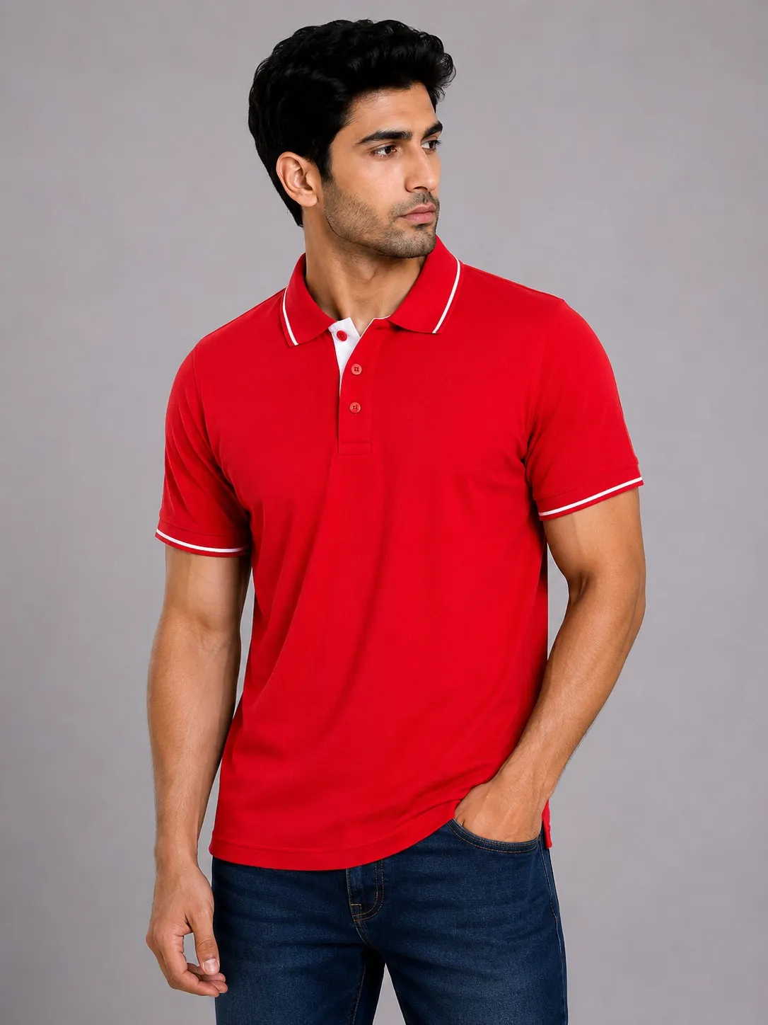 Red Mens Premium Cotton 270 GSM Half Sleeve Polo T Shirt With White Collar And Sleeve Tipping