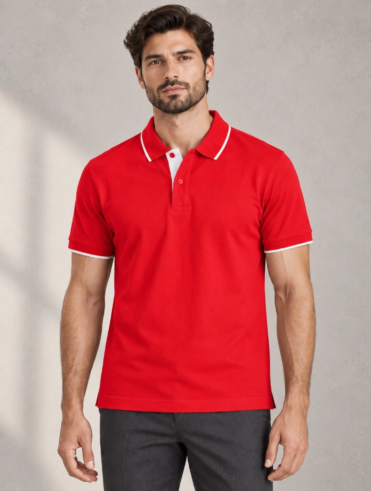 Red Mens Premium Eco Blend 240 GSM Pole T Shirt With White Jacquard Collor With Contrast Tipping