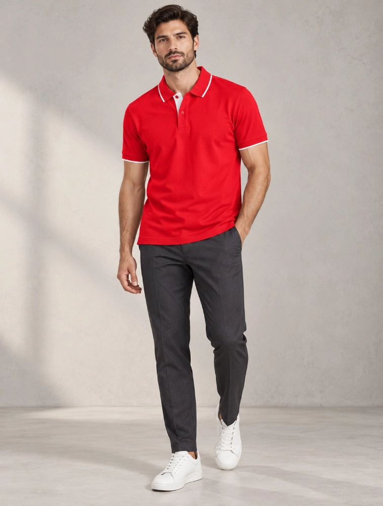 Red Mens Premium Eco Blend 240 GSM Pole T Shirt With White Jacquard Collor With Contrast Tipping