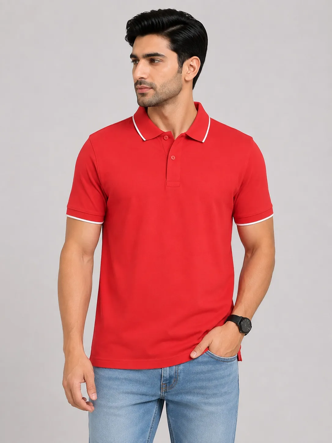 Red Mens Premium Primo Knit 200 GSM Polo TShirt With White Collor And Sleeve Tipping