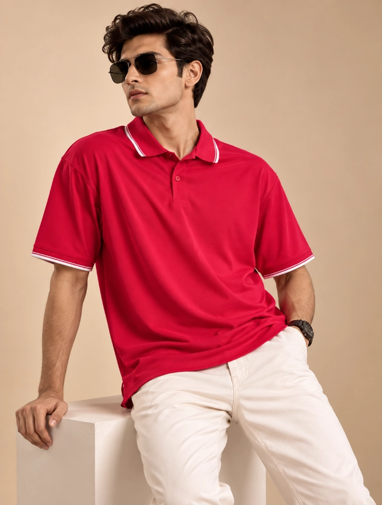 Red Mens Premium Primo Knit 200 GSM Polo TShirt With White Collor And Sleeve Tipping