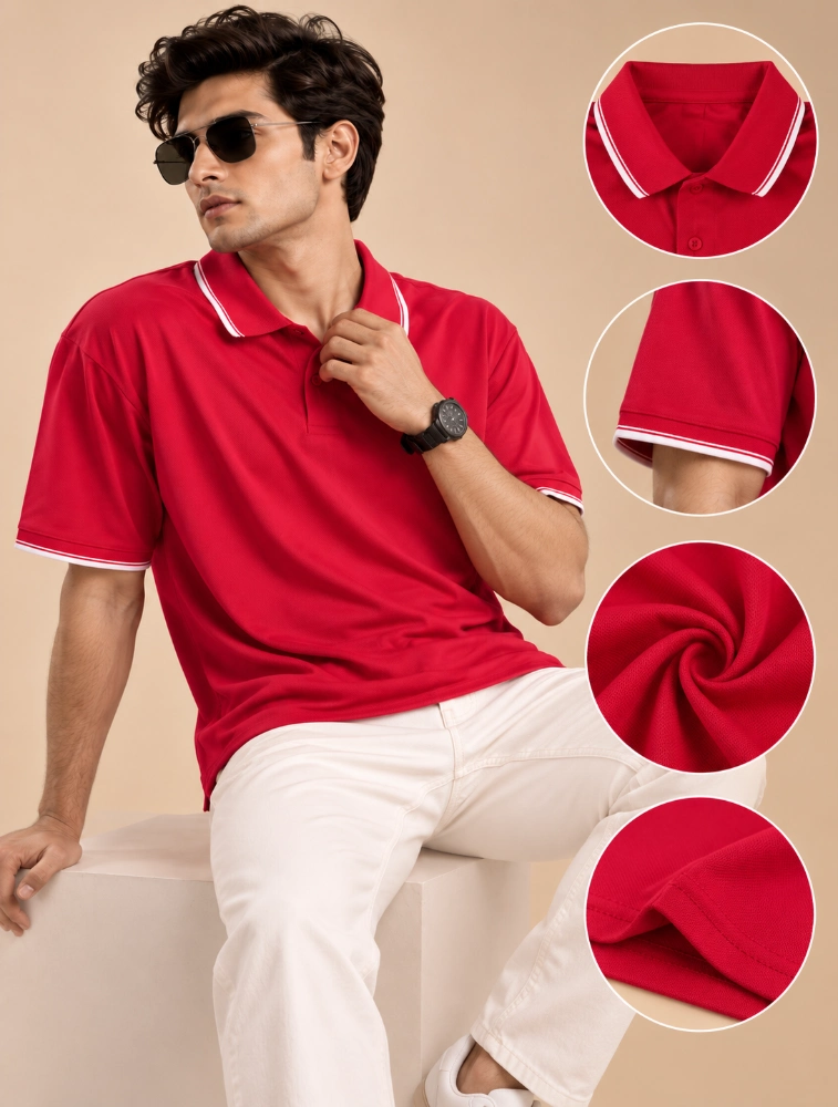 Red Mens Premium Primo Knit 200 GSM Polo TShirt With White Collor And Sleeve Tipping