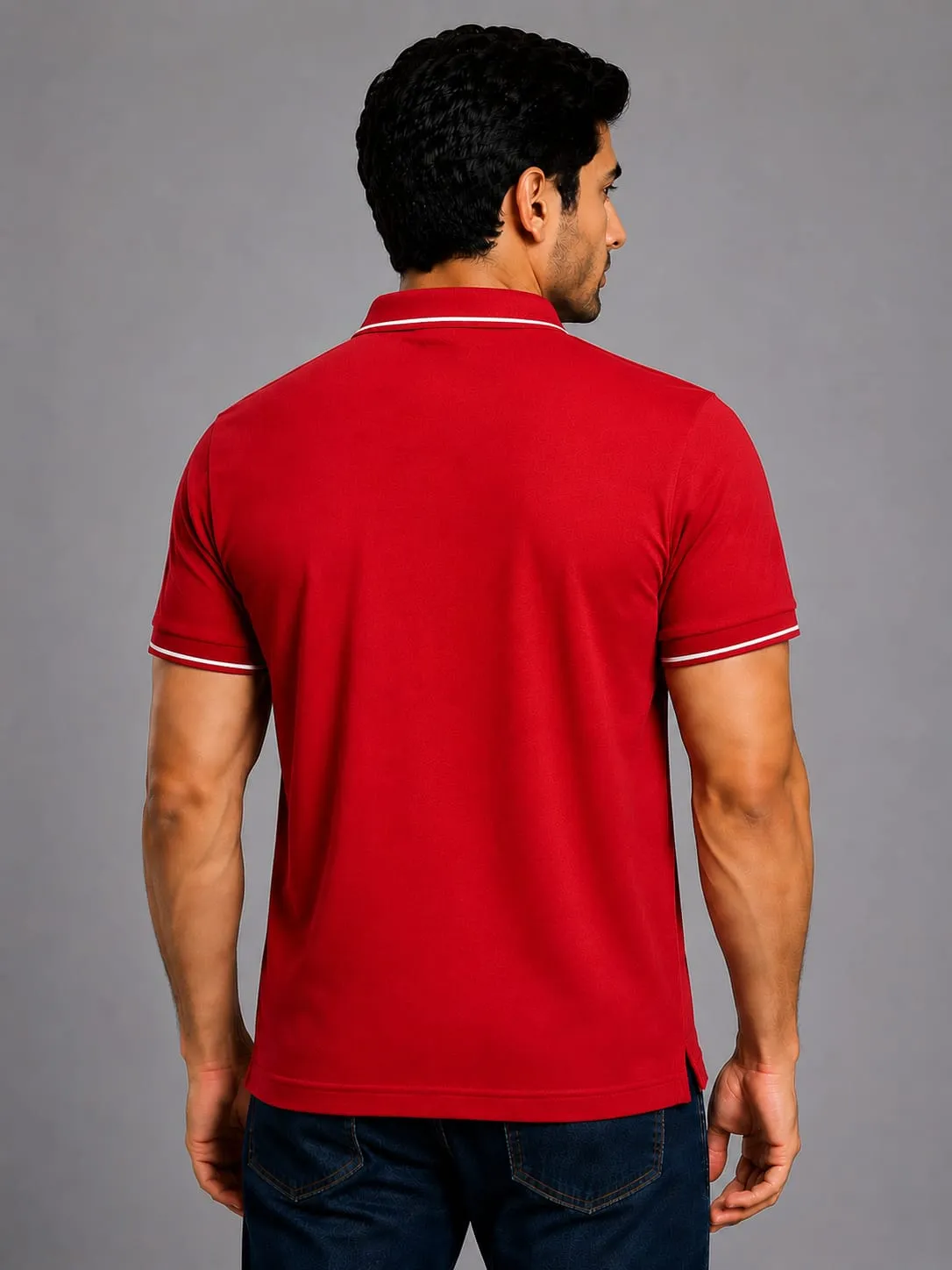 Red Mens Premiun Cotton 270 GSN Half Sleeve Polo T Shirt With White Collar And Sleeve Tipping
