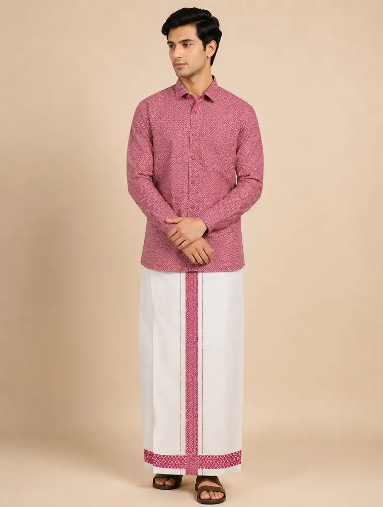 Red Mens Royal Prism Printed Shirt and Dhoti Sets