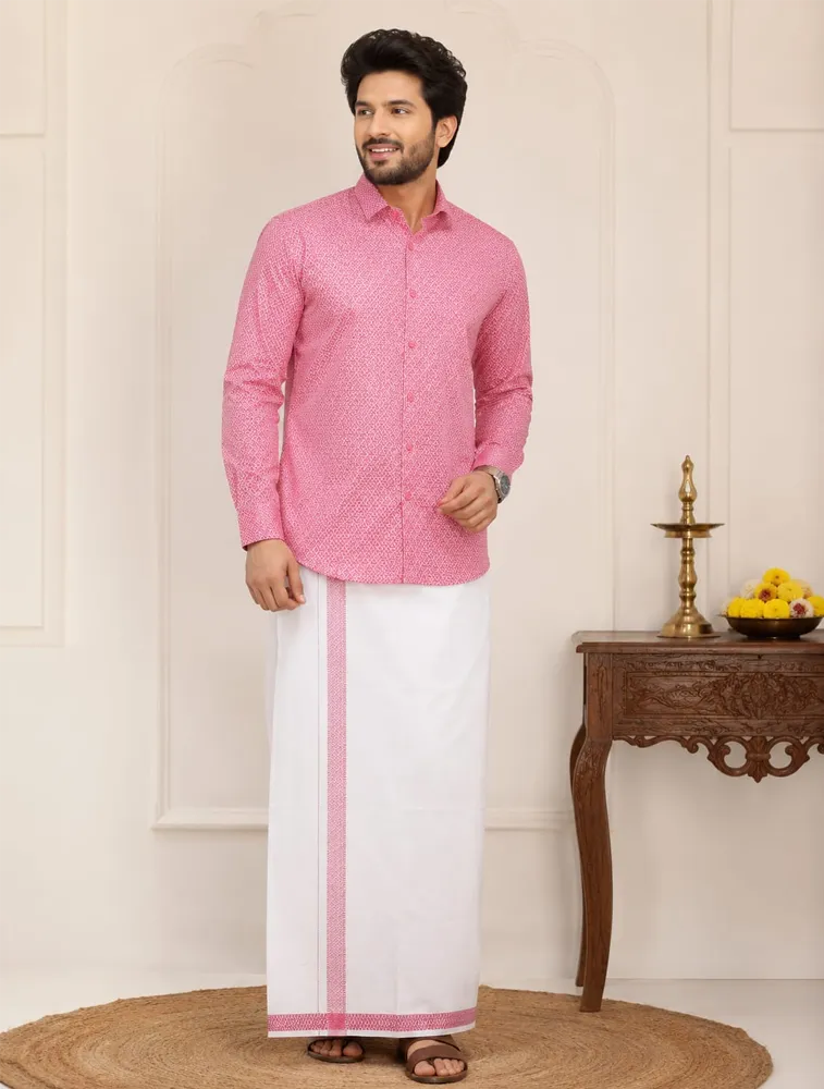 Red Mens Royal Prism Printed Shirt and Dhoti Sets — bulk from ₹1379