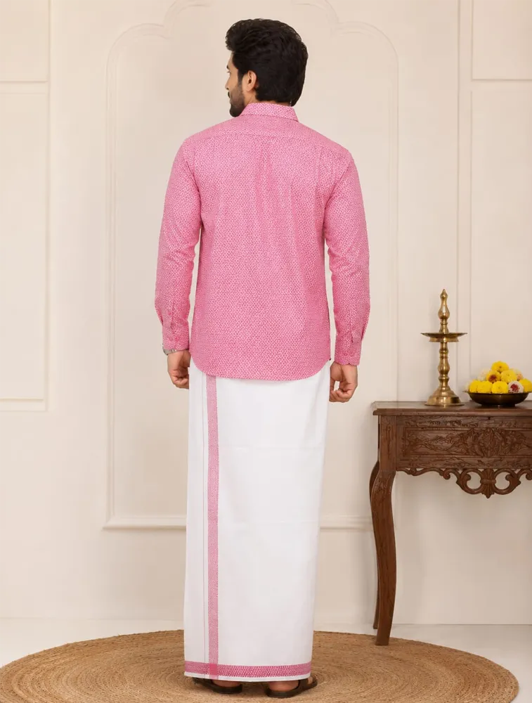 Red Mens Royal Prism Printed Shirt and Dhoti Sets — bulk from ₹1379