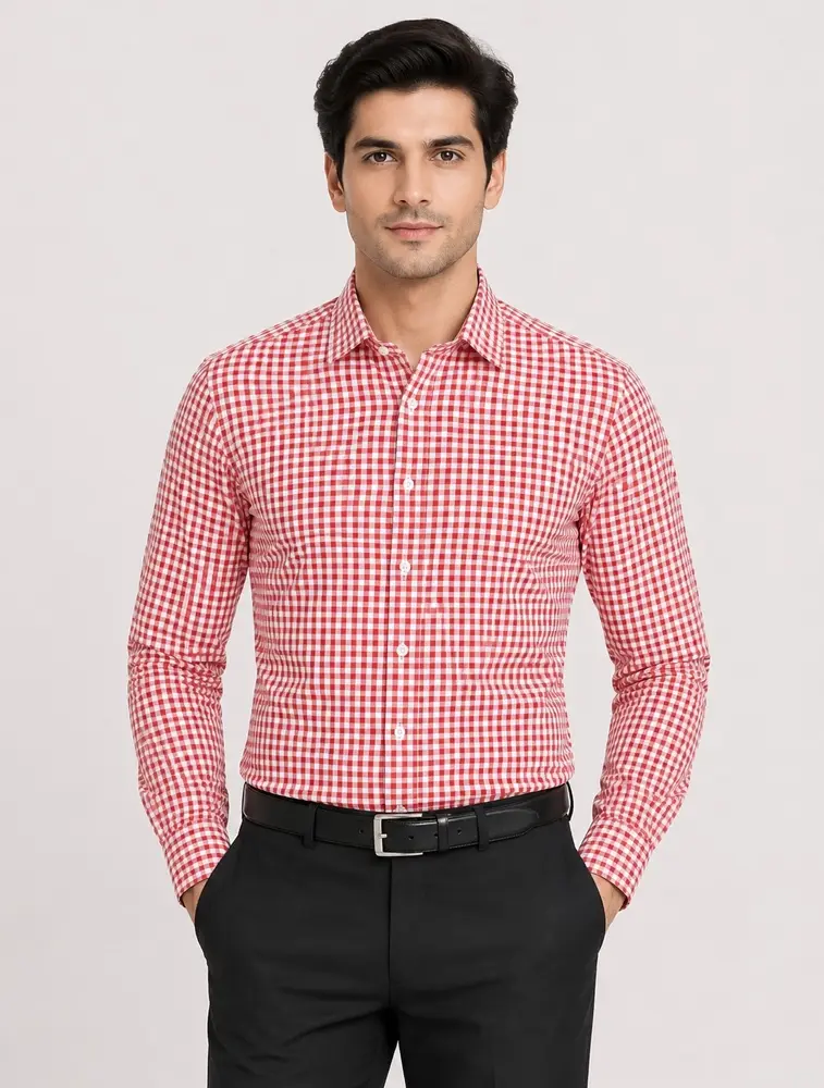  Red-Orange Men's Cotton Full Sleeve Check Shirt    