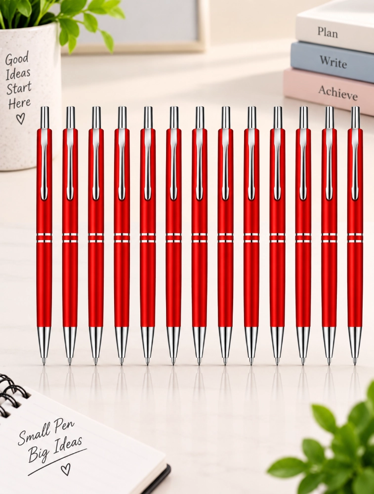 Red Premium Glossy Steel Ball Pen with Silver Clip Pack of 12