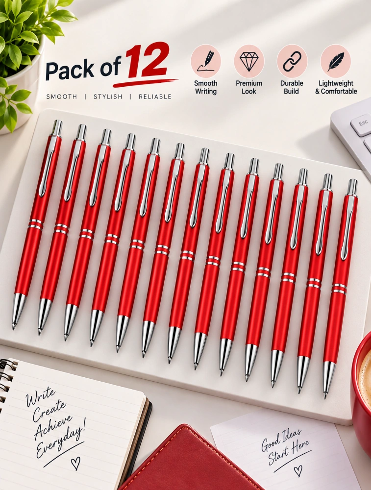 Red Premium Glossy Steel Ball Pen with Silver Clip Pack of 12 — bulk from ₹282