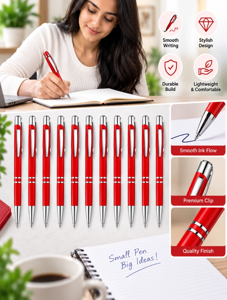 Red Premium Glossy Steel Ball Pen with Silver Clip Pack of 12 — bulk from ₹282