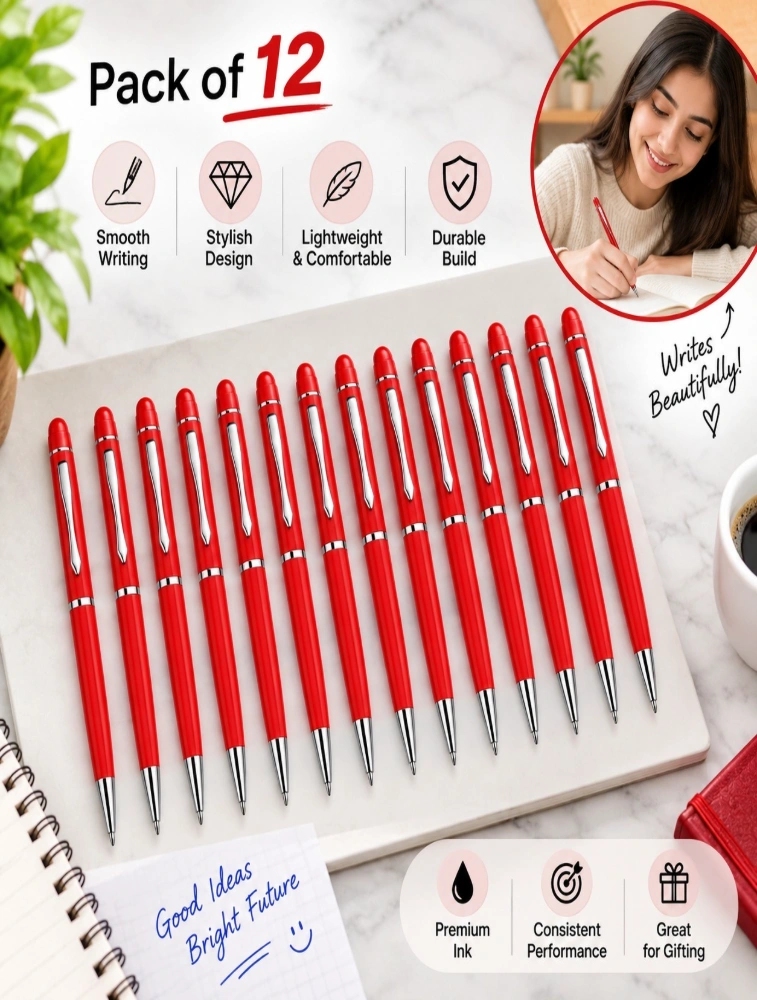 Red Premium Slim Metal Ball Pen with Silver Clip Pack of 12