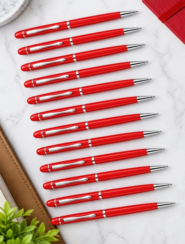 Red Premium Slim Metal Ball Pen with Silver Clip Pack of 12 — bulk from ₹470