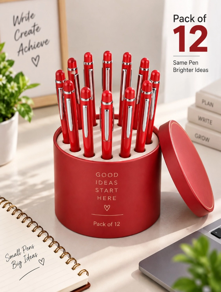 Red Premium Slim Metal Ball Pen with Silver Clip Pack of 12 — bulk from ₹470