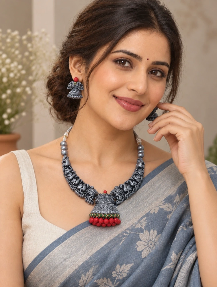 Red Rajhamsa Terracotta Jewellery Set