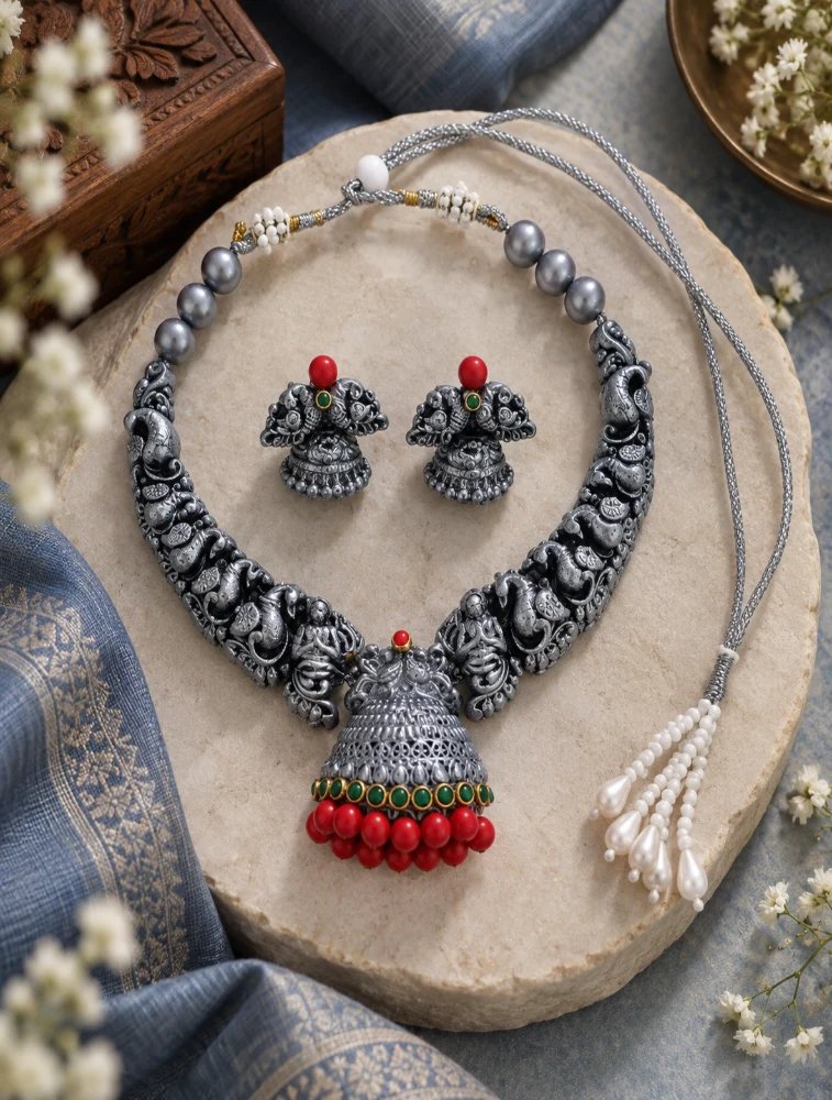 Red Rajhamsa Terracotta Jewellery Set