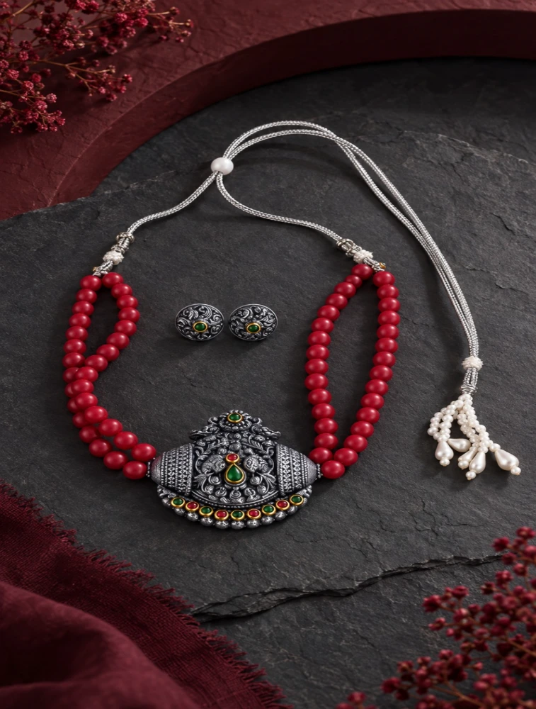 Red Regal Peacock Terracotta Jewellery Set