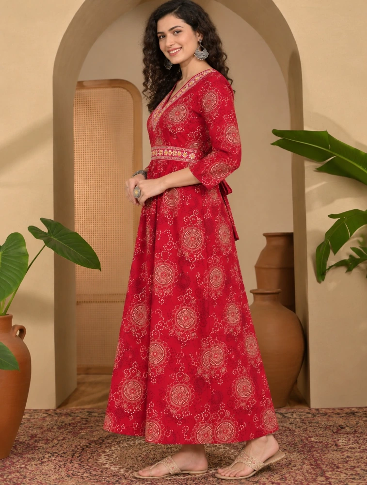 Red Women Floral Printed Gown Anarkali Dress
