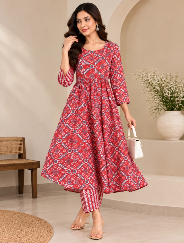 Red Womens Floral Printed Kurti With Pant Set