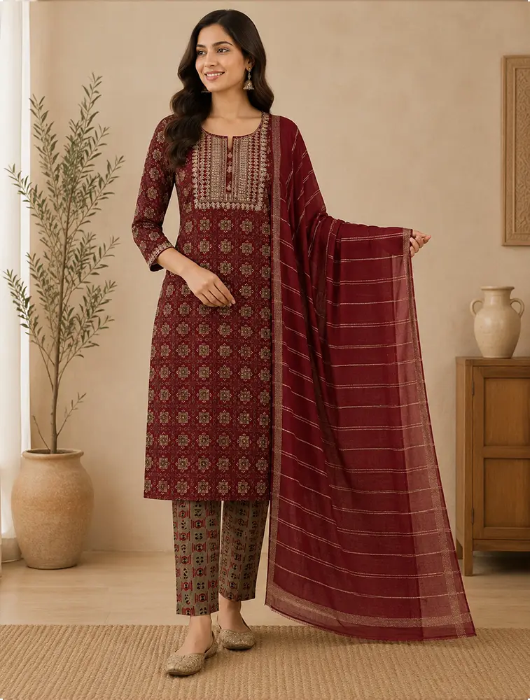 Red Womens Floral Printed Rayon Fabric Kurtha Set With Dupatta 