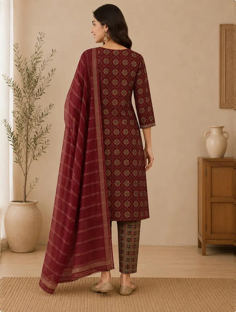 Red Womens Floral Printed Rayon Fabric Kurtha Set With Dupatta — bulk from ₹1066