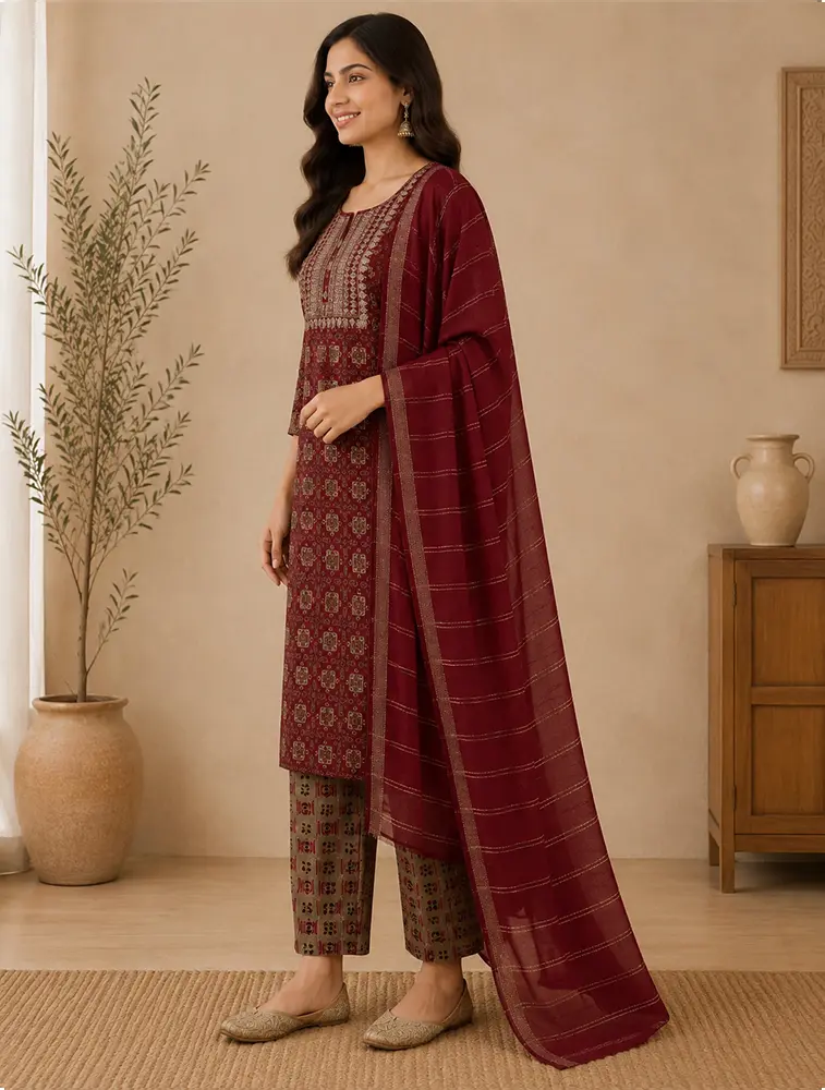 Red Womens Floral Printed Rayon Fabric Kurtha Set With Dupatta 