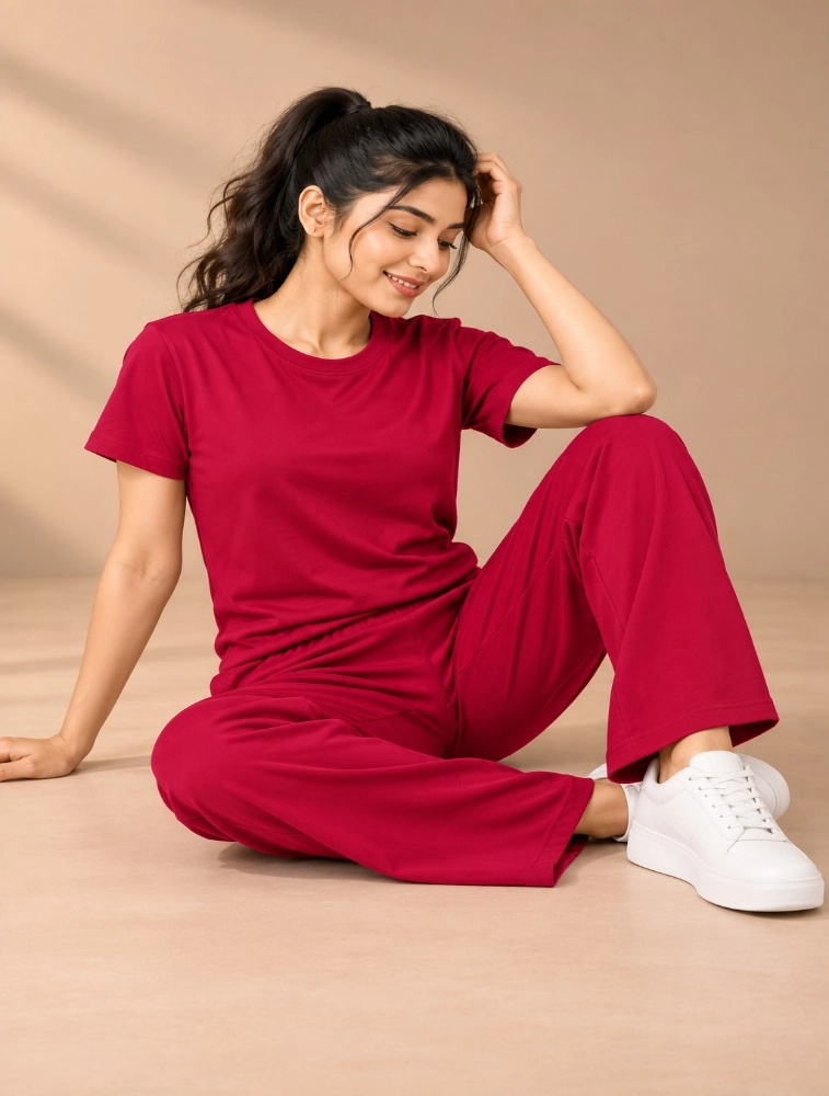 Red Womens Micro Plain Casual CoOrd Set