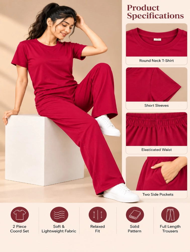 Red Womens Micro Plain Casual CoOrd Set 