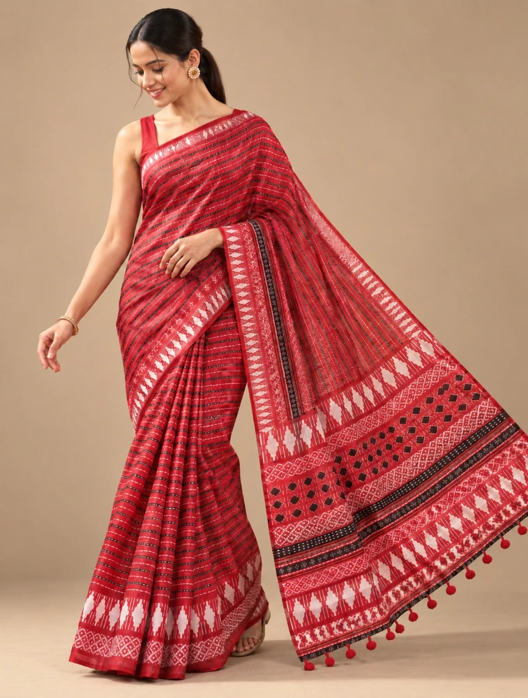 Red Womens Premium Khadi Cotton Saree