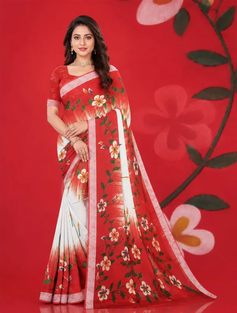 Red Womens Printed Luxury Soft Jari Silk Sarees — bulk from ₹1693