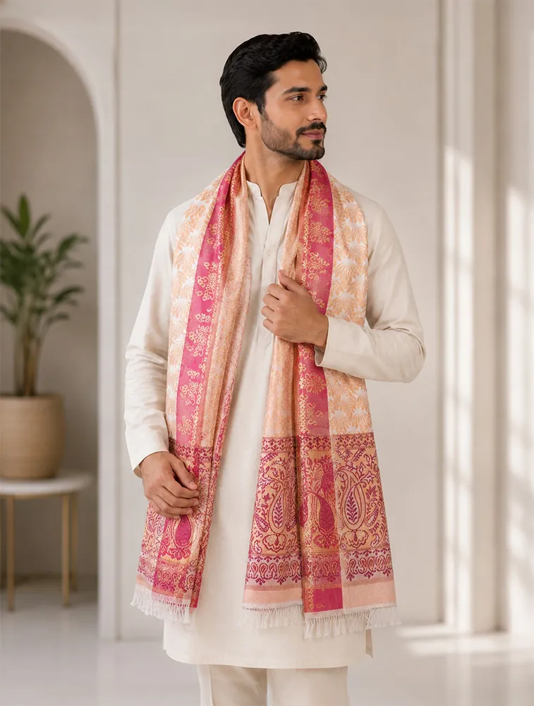 Red and Brown Premium Printed Jacquard Winter Shawls — bulk from ₹424