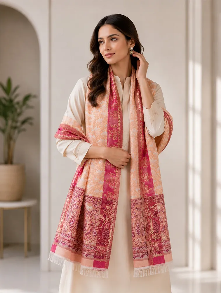 Red and Brown Premium Printed Jacquard Winter Shawls — bulk from ₹424