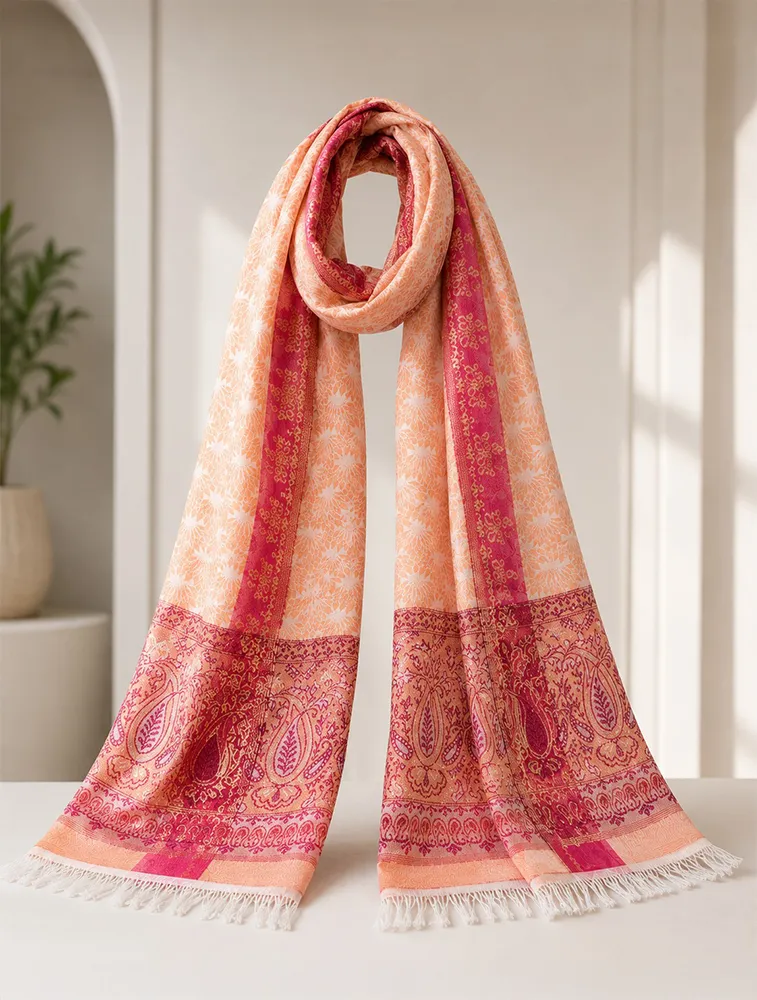 Red and Brown Premium Printed Jacquard Winter Shawls — bulk from ₹424