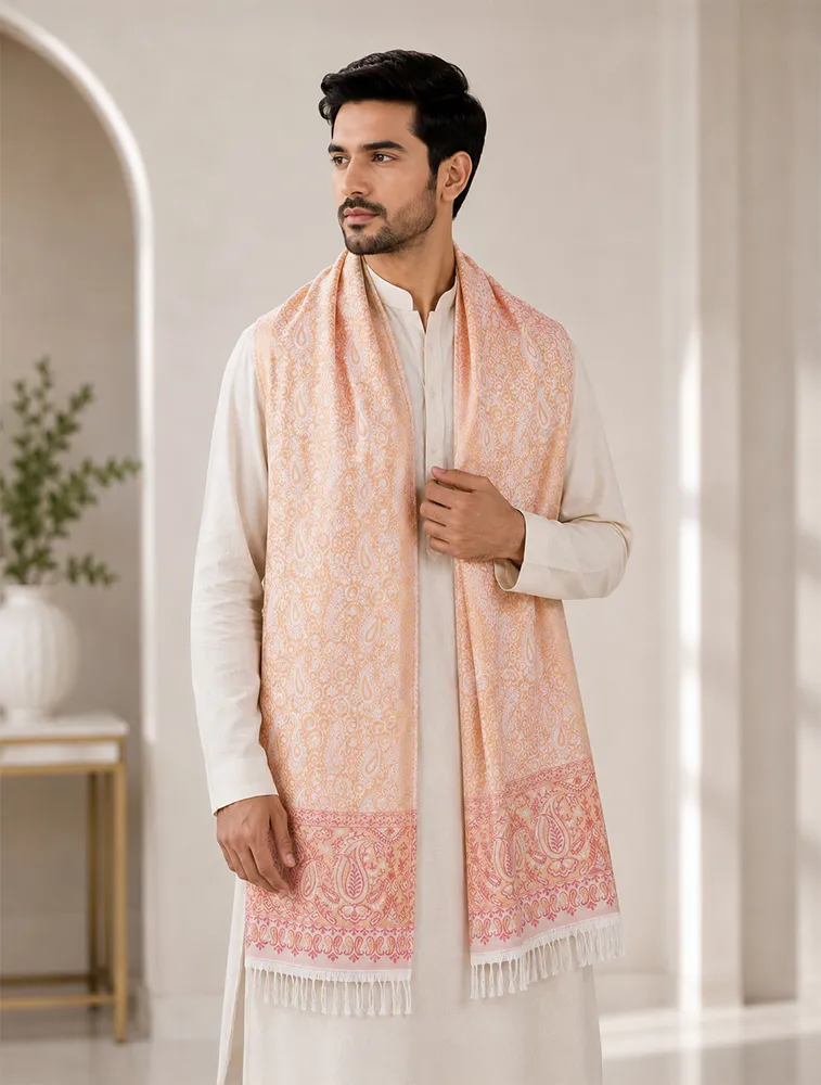Red and Brown Premium Printed Jacquard Winter Shawls — bulk from ₹424