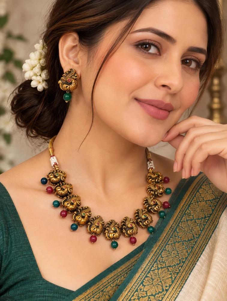 Red and Green Mayura Ratna Terracotta Jewellery Set
