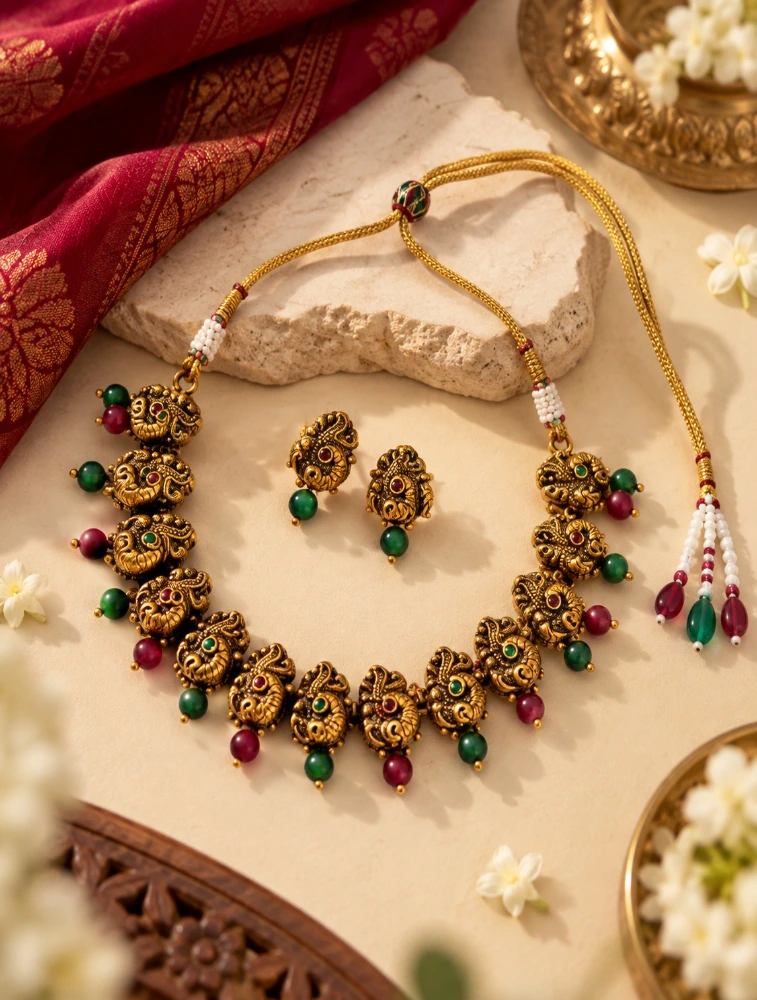 Red and Green  Mayura Ratna Terracotta Jewellery Set