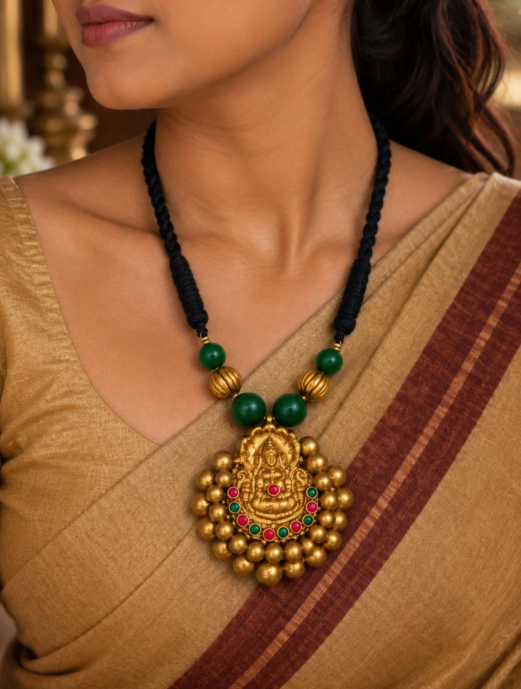 Red and Green Antique Gold Finish Lakshmi Pendant Terracotta Jewellery Set