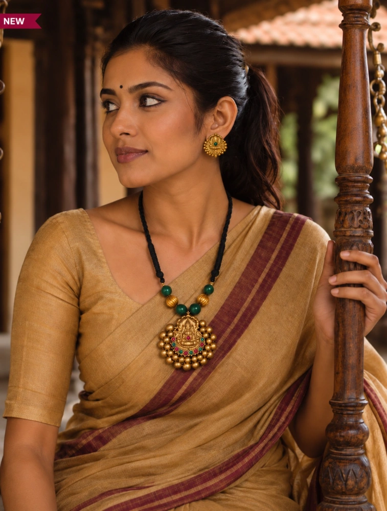 Red and Green Antique Gold Finish Lakshmi Pendant Terracotta Jewellery Set