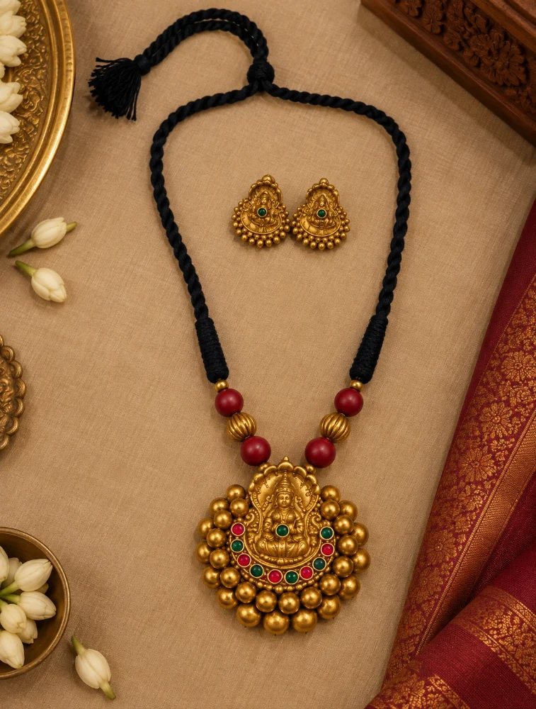 Red and Green Antique Gold Finish Lakshmi Pendant Terracotta Jewellery Set