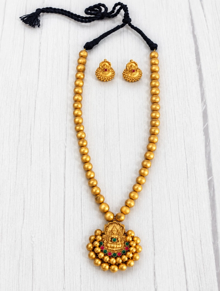 Red and Green Divine Temple Style Pendant and Sanatana Gold Beads Terracotta Jewellery Set