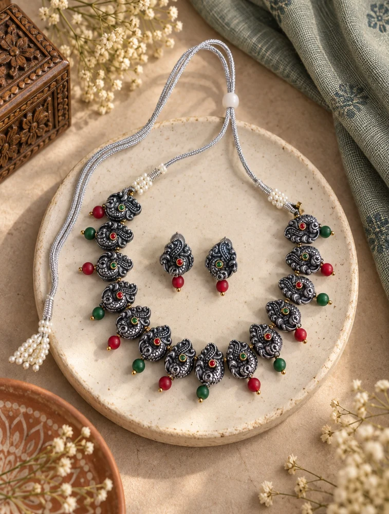 Red and Green Mayura Ratna Terracotta Jewellery Set 
