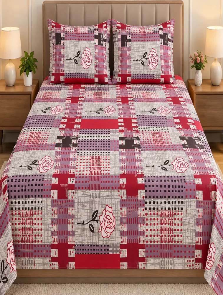 Red with Beige 90 x 100 Inches Cotton Printed Double Coat Queen Size Bedsheet with 2 Pillow Covers