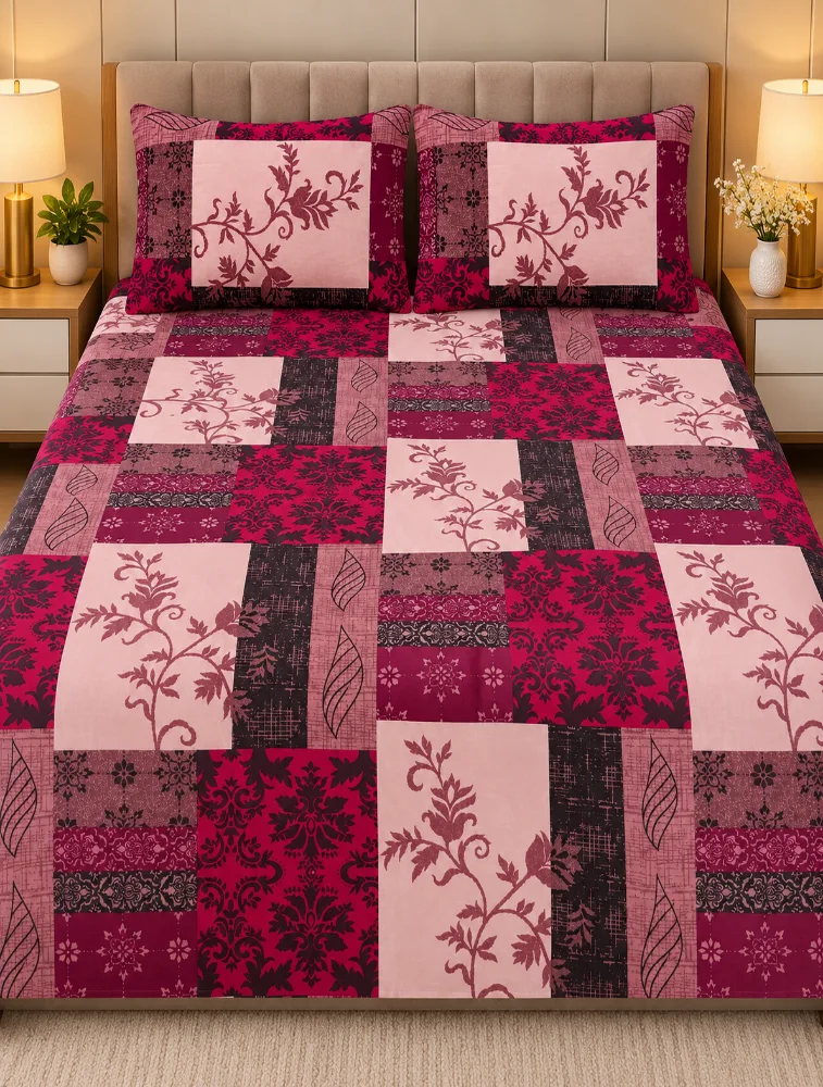 Red with Brown 90 x 100 Inches Cotton Printed Double Coat Queen Size Bedsheet with 2 Pillow Covers