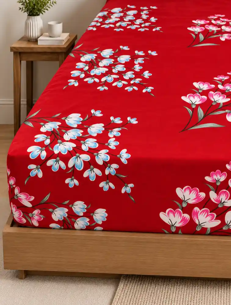 Red with Pink Elasticated King Sized Bedsheet and Pillow Covers Set  
