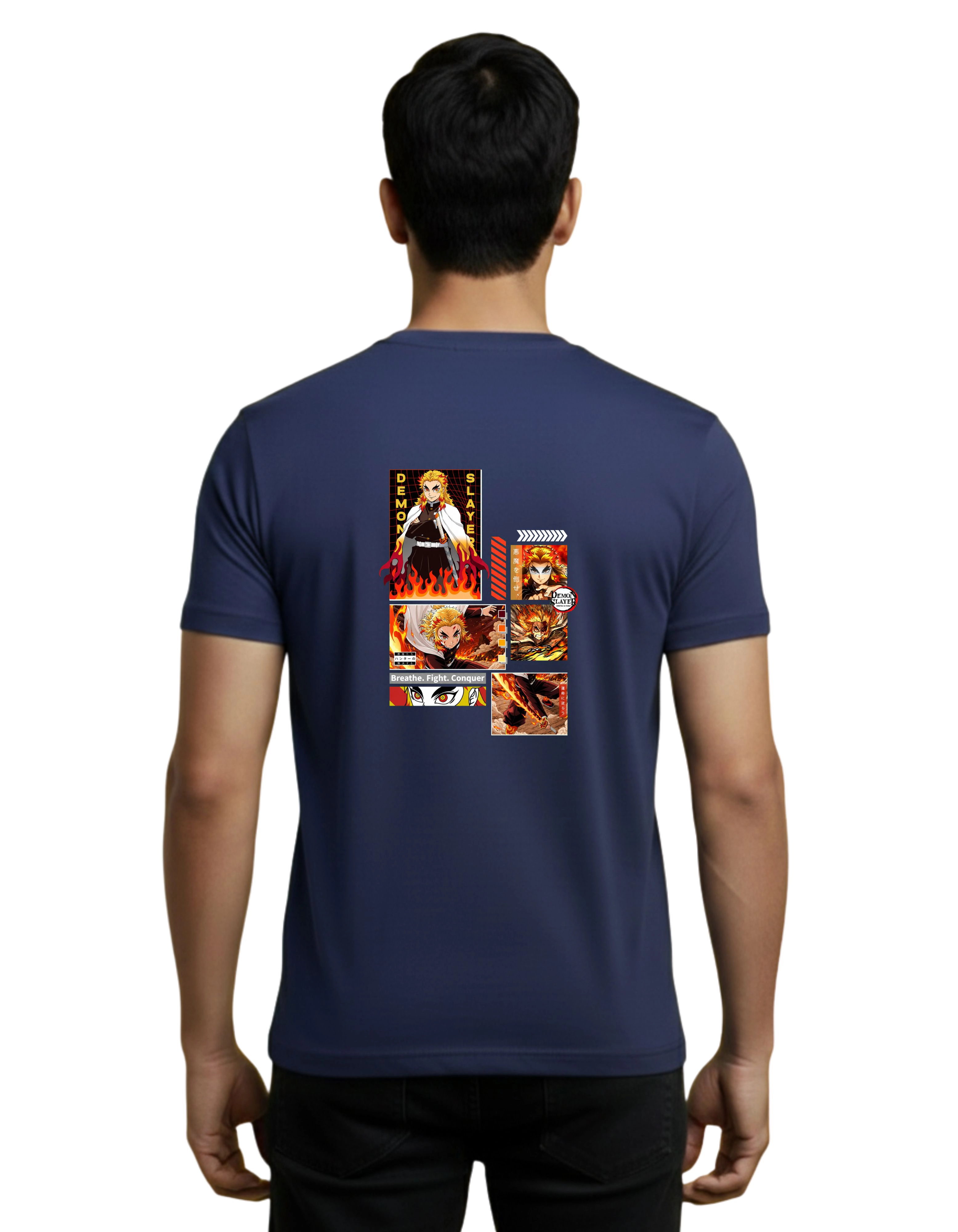 Rengoku Flame Hashira Demon Slayer Cotton Round Neck T-Shirt 180 GSM Navy Blue