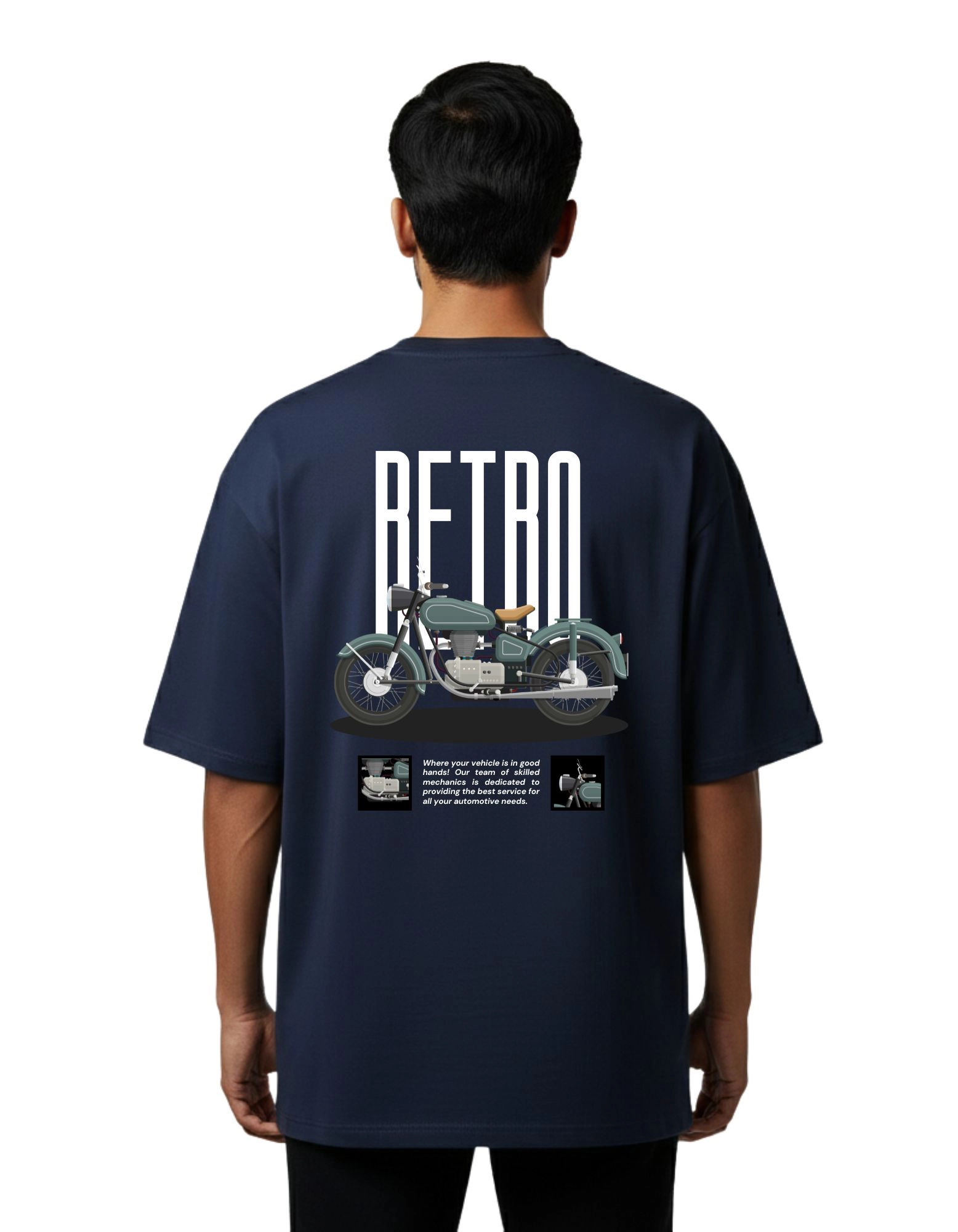 Retro Vintage Motorcycle Graphic Oversized French Terry 240 GSM T-Shirt Navy Blue