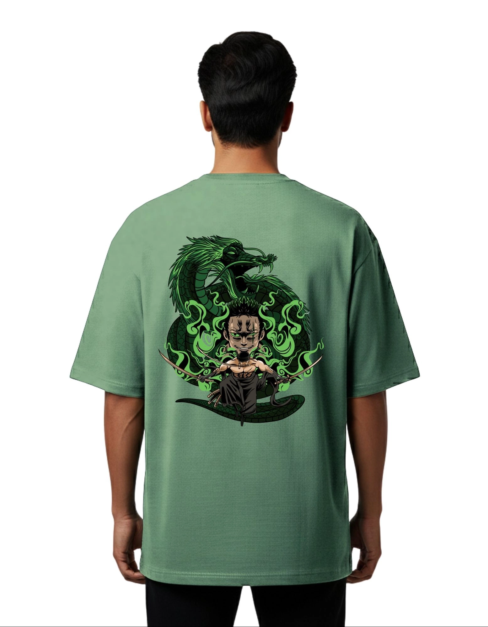 Roronoa Zoro Street Graphic Oversize Cotton French Terry T-Shirt 240 GSM D Green