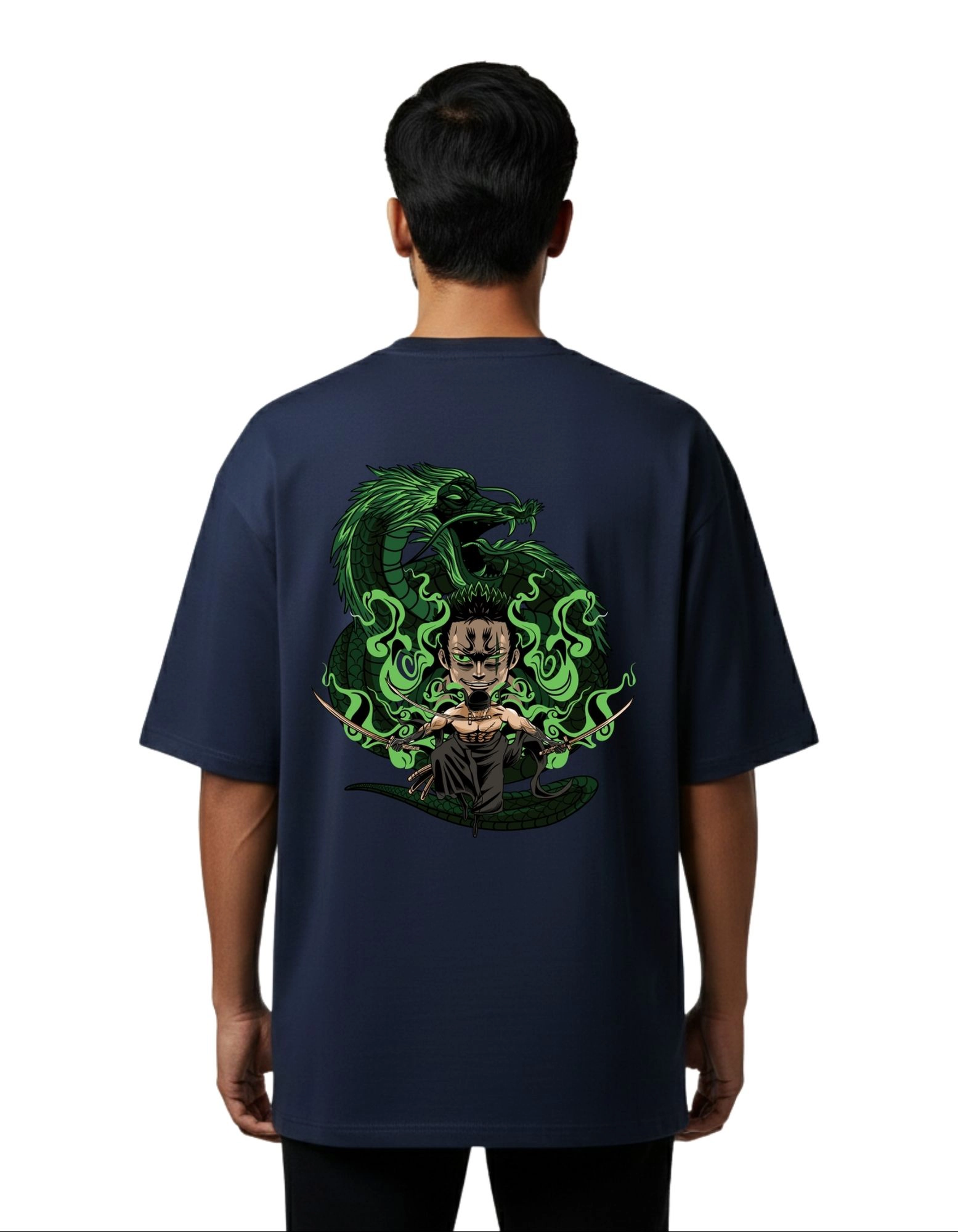 Roronoa Zoro Street Graphic Oversize Cotton French Terry T-Shirt 240 GSM Navy Blue